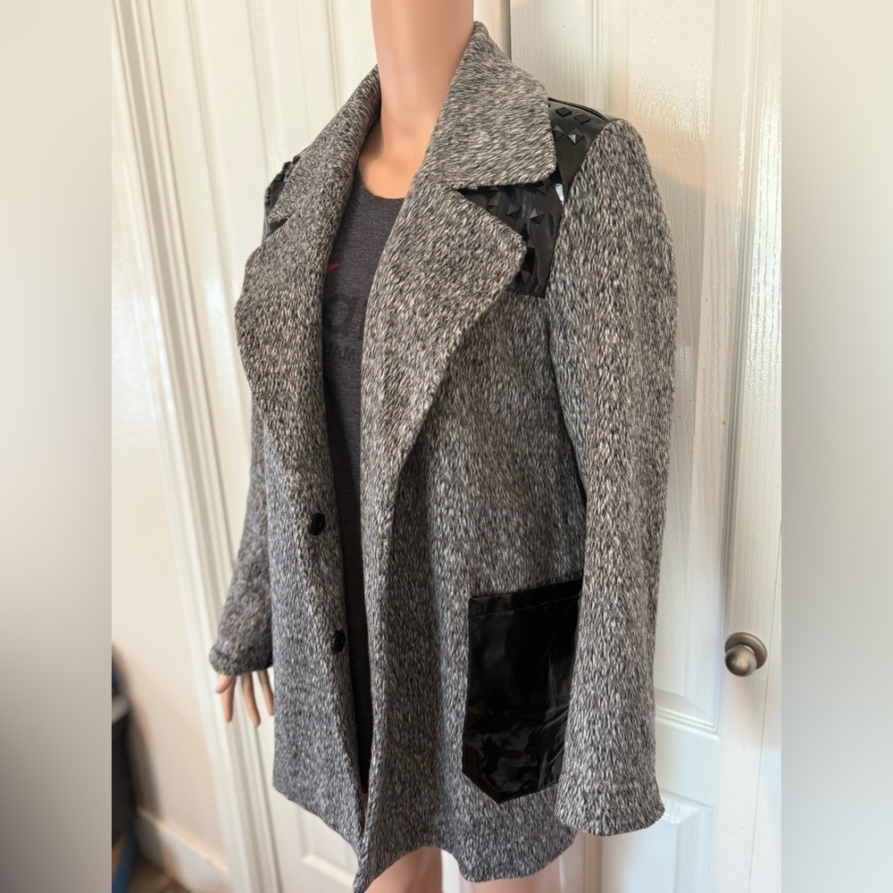 English Rose Studded Moto Gray Black Faux Leather Coat M/L Edgy - Picture 8 of 9